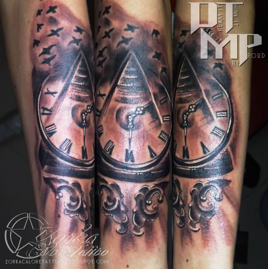 Black Ink Pyramid With Clock Tattoo Design For Forearm By Zorka Calore Tattoo