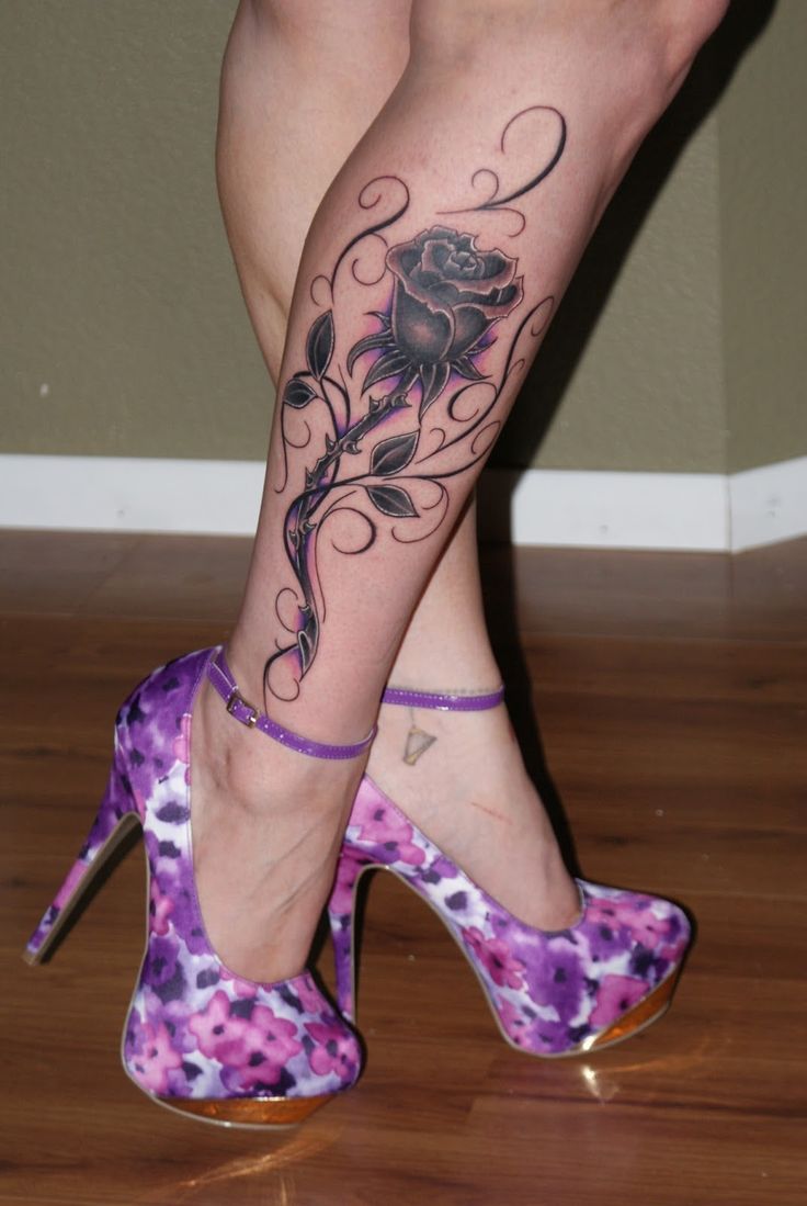 Black Ink Rose Tattoo On Right Leg Calf