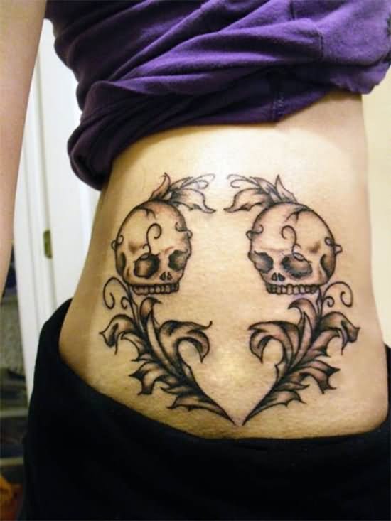 Black Ink Skulls With Ivy Vine Tattoo Design For Side Rib
