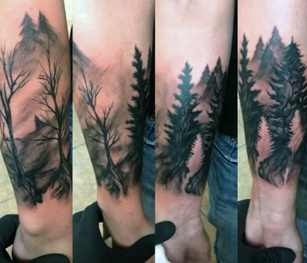 Black Ink Trees Tattoo On Leg