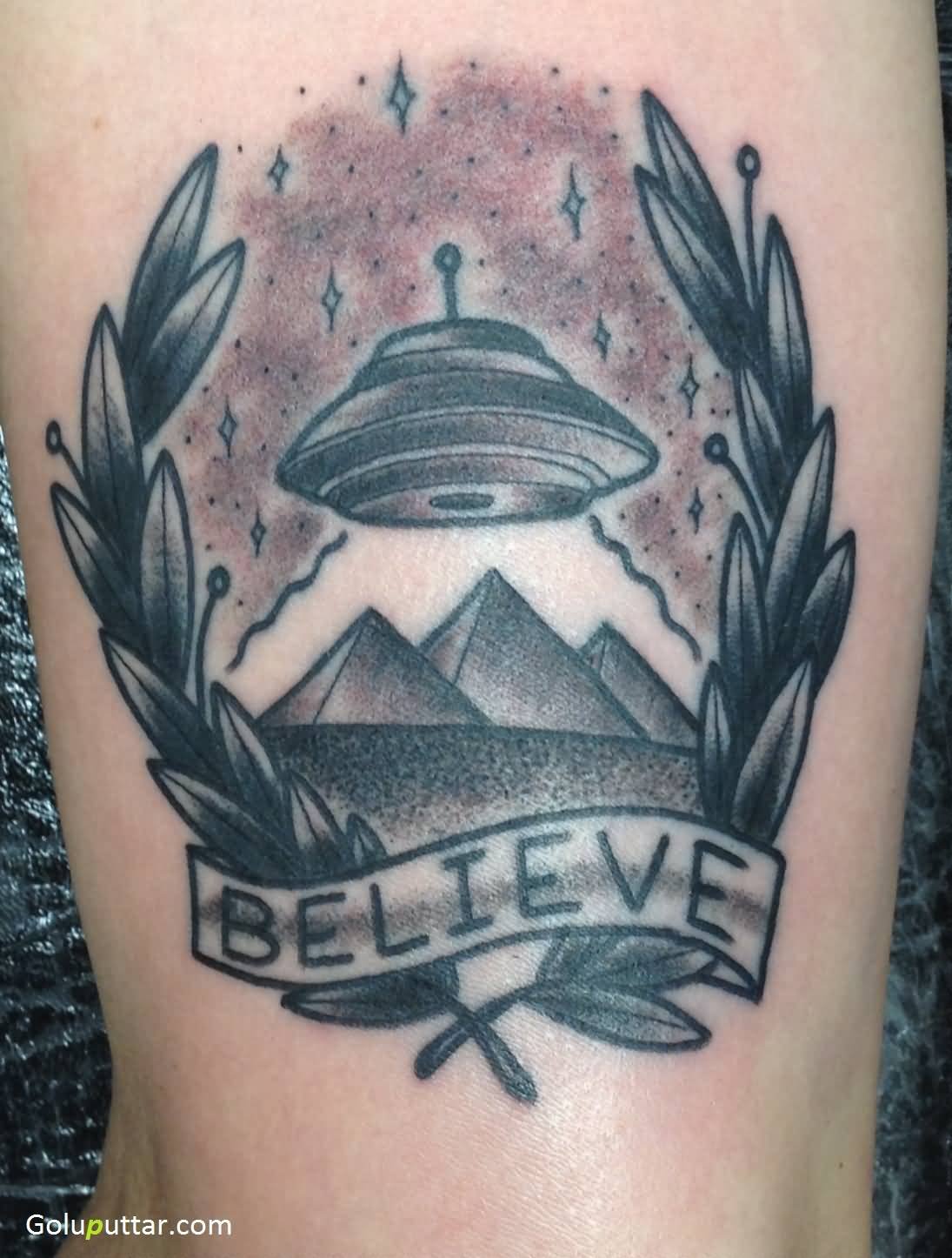 Black Ink UFO With Pyramids And Banner Tattoo Design For Sleeve