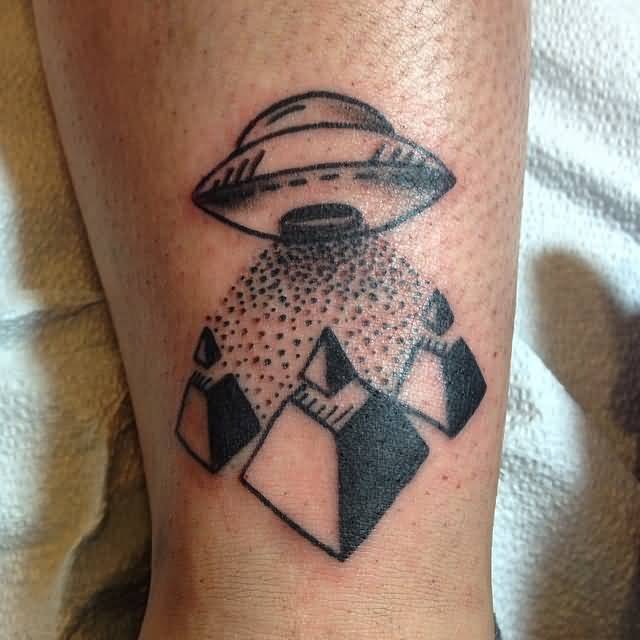 Black Ink UFO With Pyramids Tattoo Design For Half Sleeve