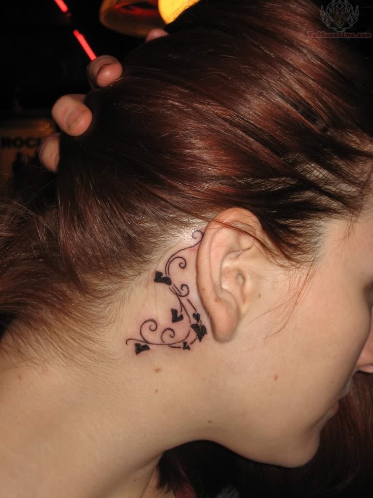 Black Ivy Vine Tattoo On Girl Behind The Ear