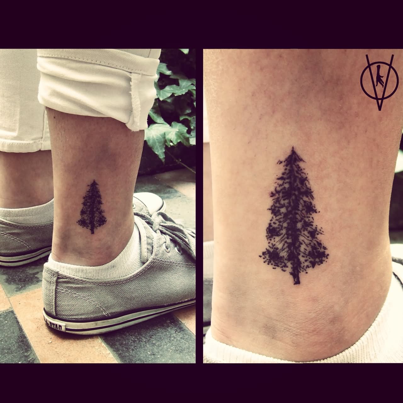 Black Little Tree Tattoo On Right Leg