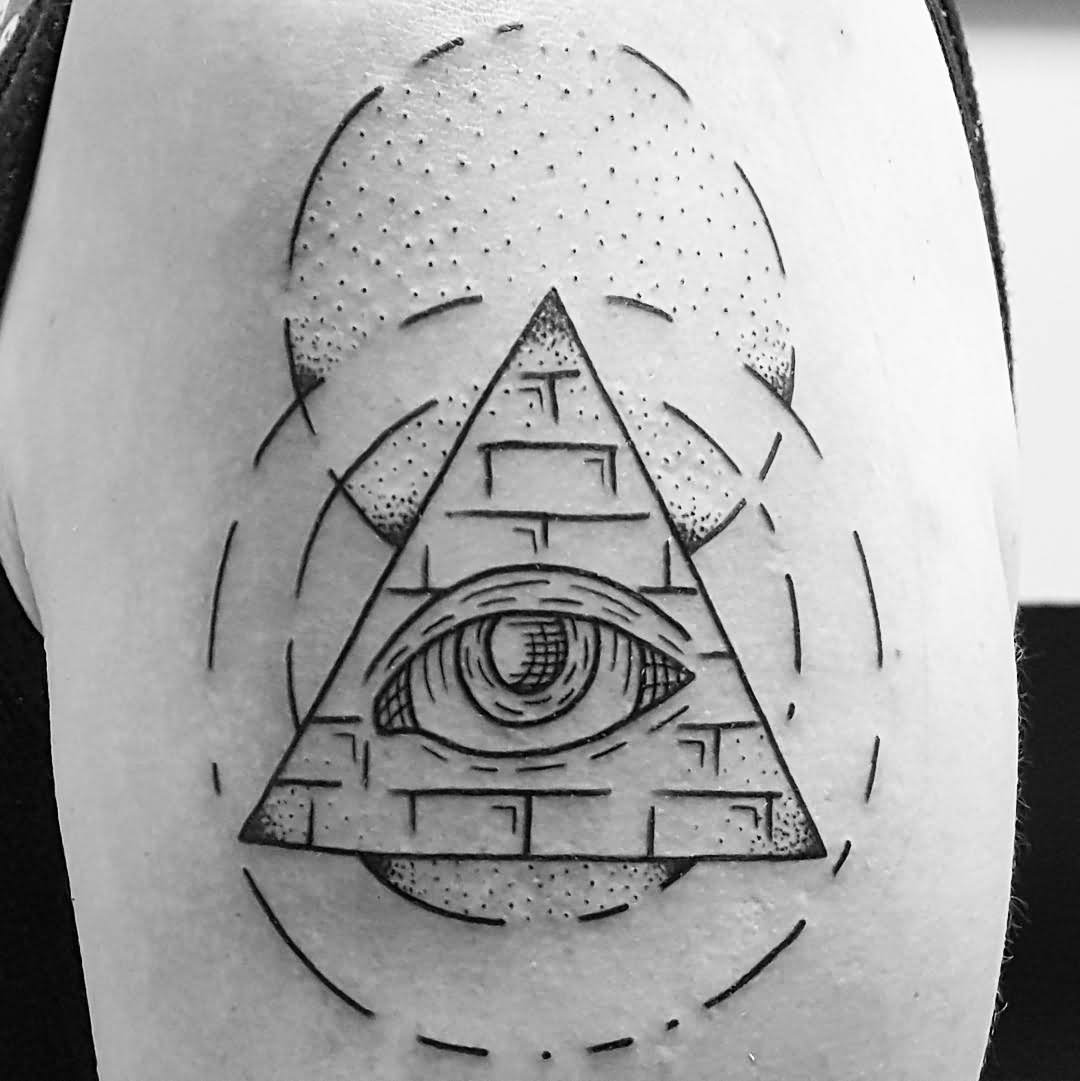 Black Outline Eye In Pyramid Tattoo Design For Shoulder