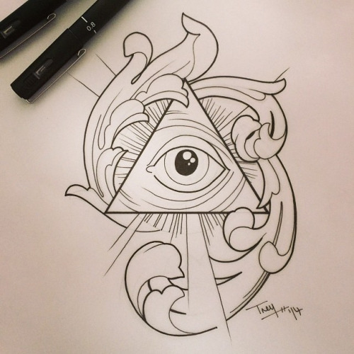 Black Outline Eye In Pyramid Tattoo Design