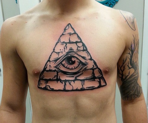 Black Outline Eye In Pyramid Tattoo On Man Chest