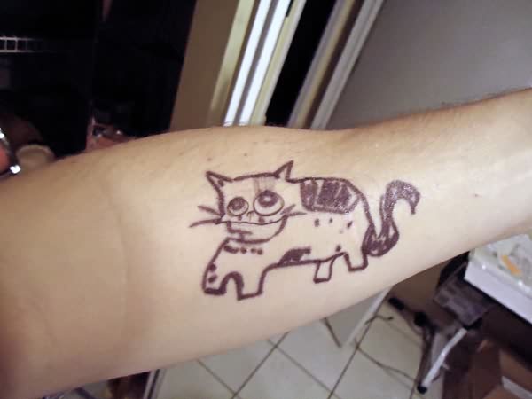Black Outline Funky Cat Tattoo Design For Forearm