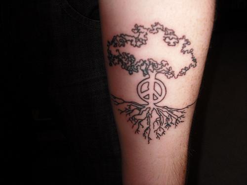 Black Outline Peace Tree Tattoo Design For Leg