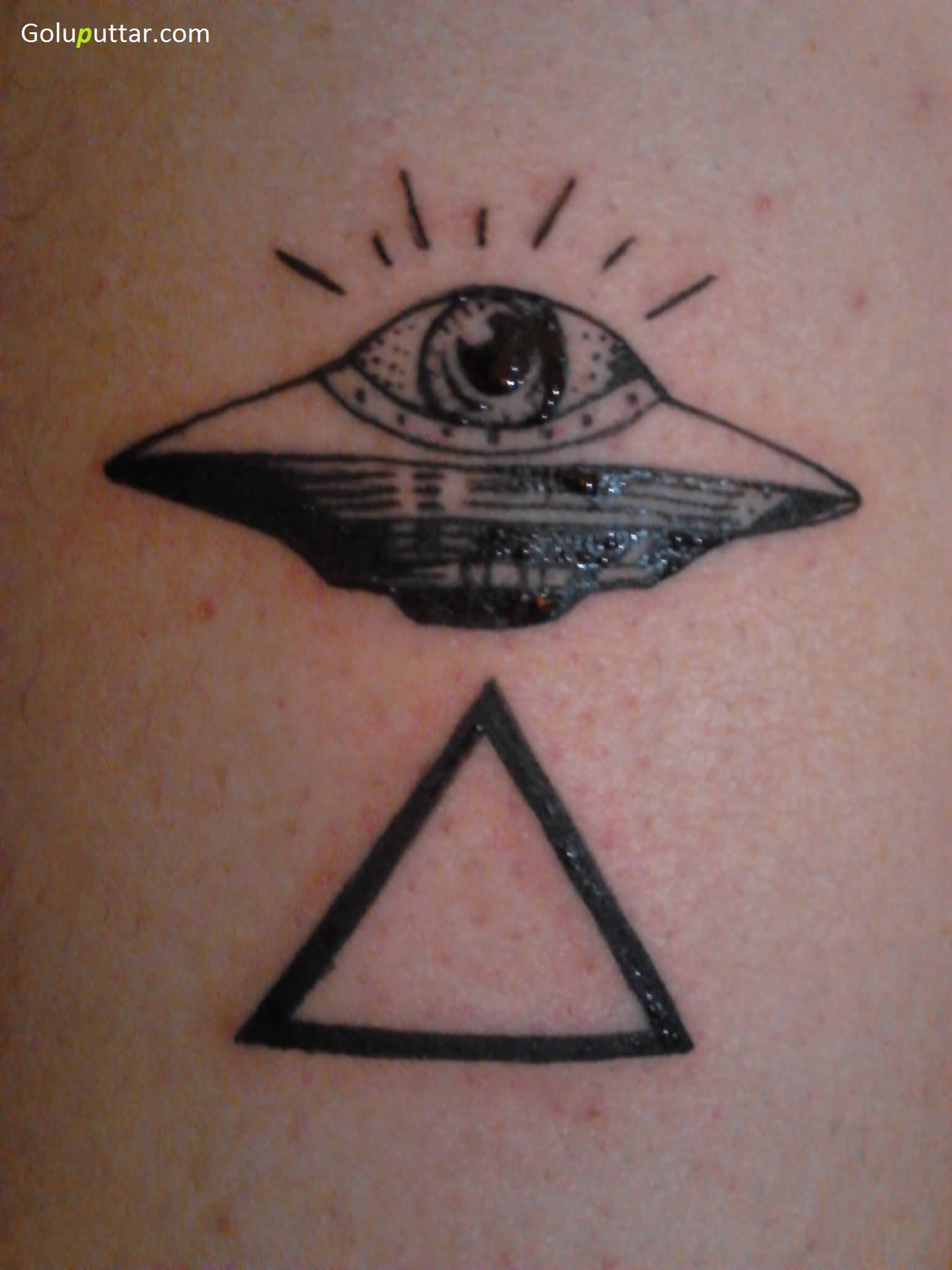 Black Outline Pyramid With UFO Tattoo Design