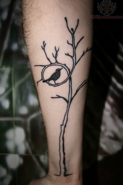 Black Outline Tree With Bird Tattoo Design For Leg