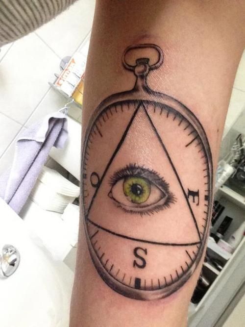 Black Outline Triangle Eye In Compass Tattoo Design For Sleeve