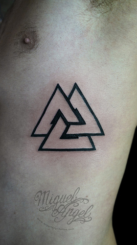 Black Outline Triple Triangle Rune Shield Tattoo On Side Rib By Miguel Angel