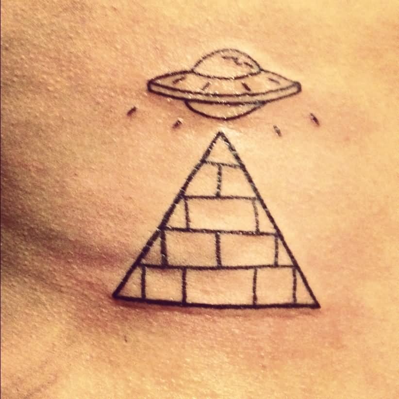 Black Outline UFO With Pyramid Tattoo Design