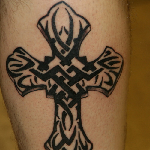 Black Tribal Cross Tattoo Design For Leg
