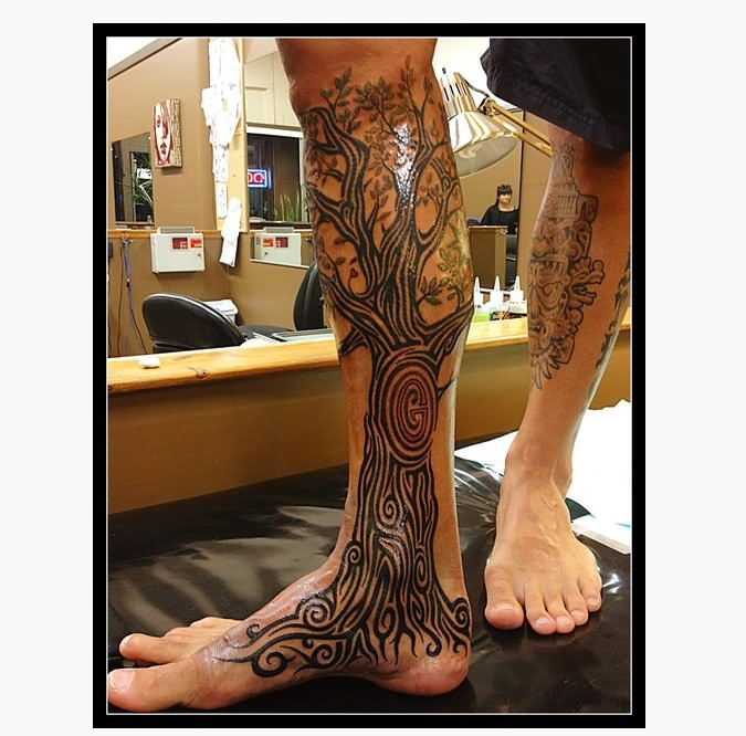 Black Tribal Tree Tattoo On Leg