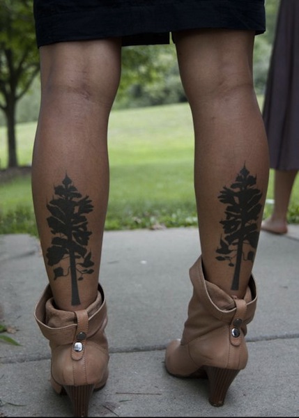 Black Two Tree Tattoo On Girl Both Leg Calf