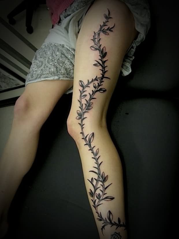 Black Vine Tattoo On Left Full Leg