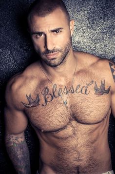 Blessed Word With Flying Birds Tattoo On Man Chest