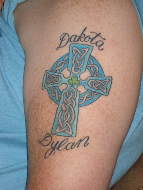 Blue Celtic Cross Irish Tattoo On Left Bicep