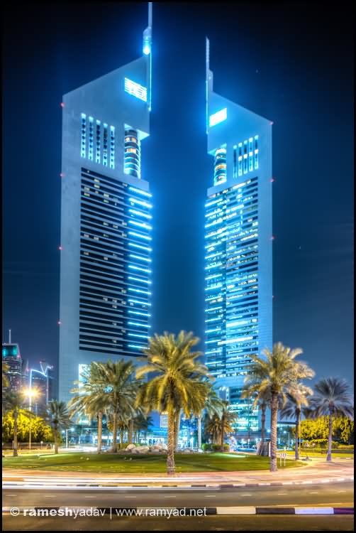 Blue Lights On Emirates Towers At Night