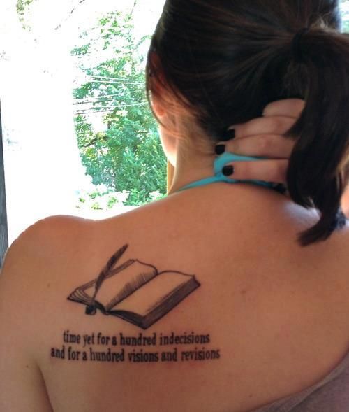 Book With Literary Tattoo On Left Back Shoulder
