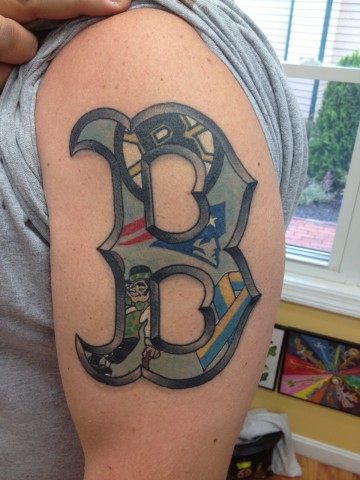 Boston Sports Tattoo On Left Half Sleeve For Men
