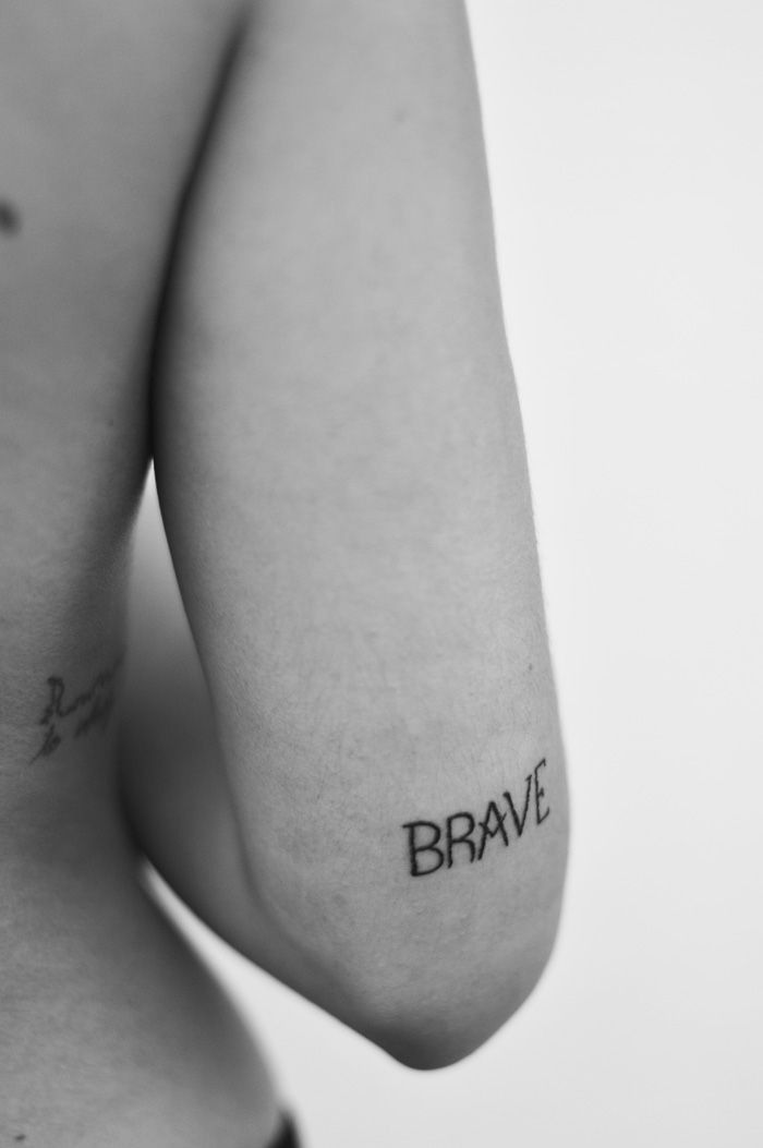 Brave Word Tattoo On Right Half Sleeve