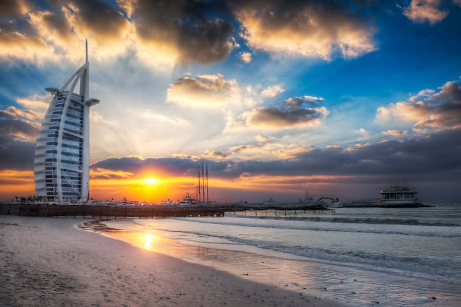 Burj Al Arab At Jumeirah Beach During Sunset