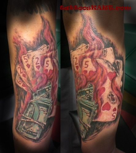 Burning Money And Cards Sports Tattoo On Arm