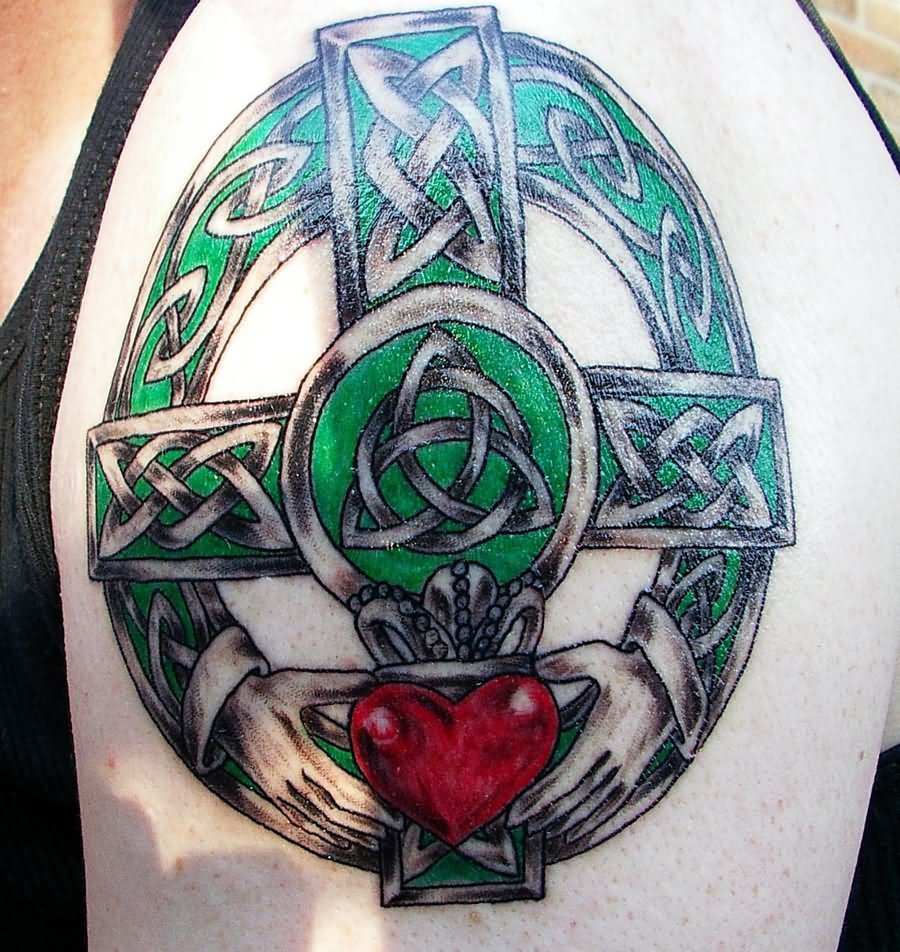 Celtic Cross Claddagh Irish Tattoo On Left Shoulder