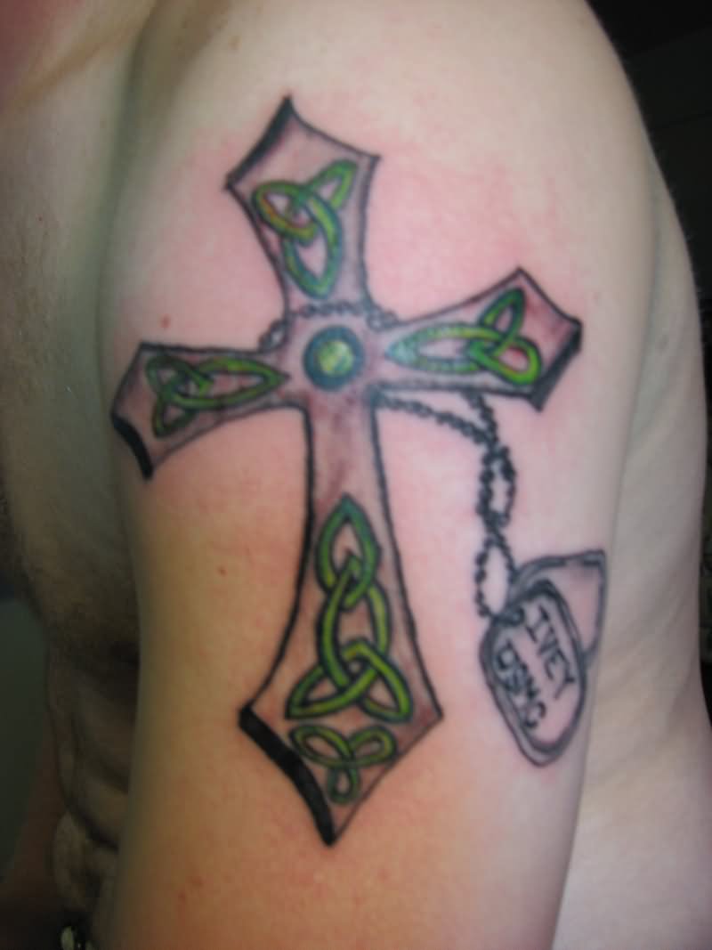 Celtic Cross Irish Tattoo On Man Left Half Sleeve