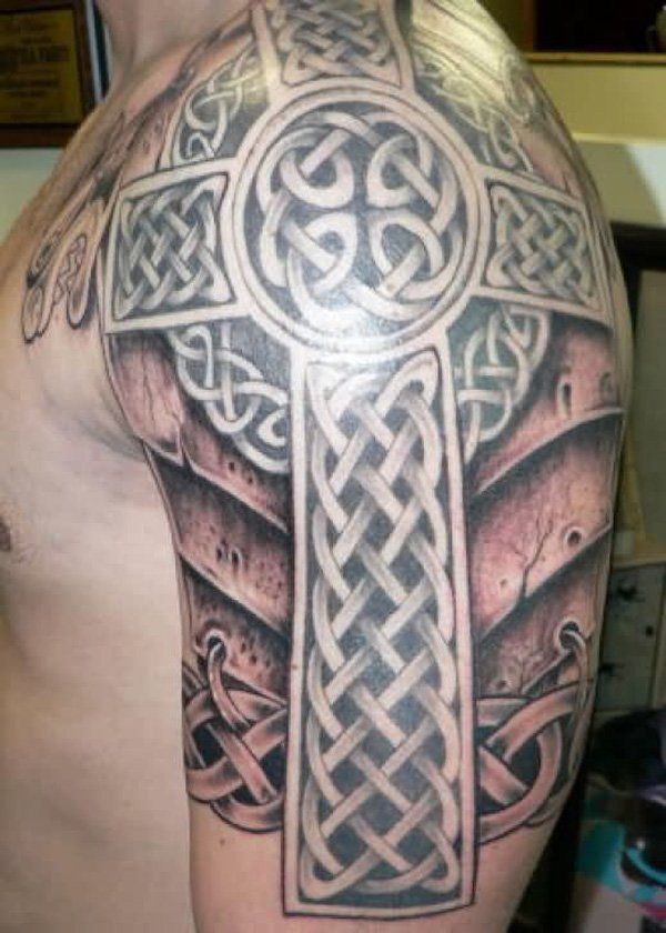 Celtic Cross Irish Tattoo On Man Left Sleeve