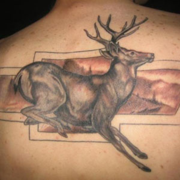 Chevy Deer Country Tattoo On Man Upper Back