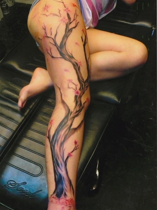 Cherry Blossom Tree Tattoo On Girl Right Full Leg