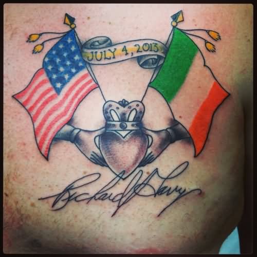Claddagh Irish Flag Tattoo On Man Chest