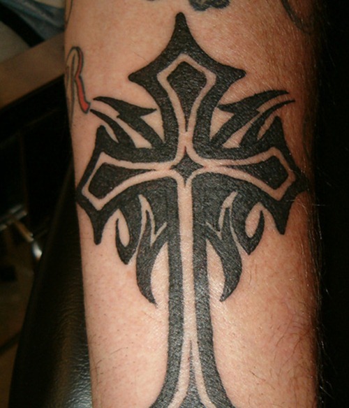Classic Black Tribal Cross Tattoo Design For Leg