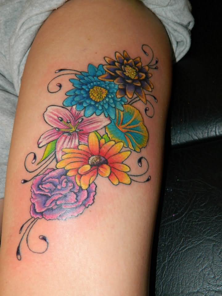 Classic Colorful Flowers Tattoo Design For Leg