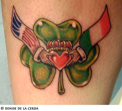 Clover Leaf And Irish Tattoo On Leg