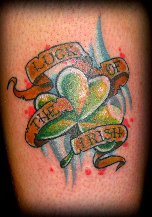 Clover Leaf With Luck Of The Irish Tattoo On Leg