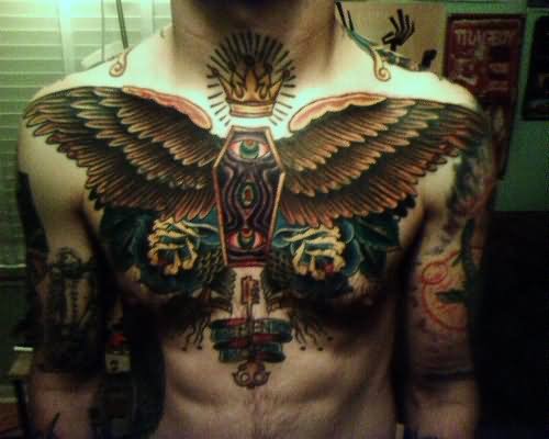 Color Ink Egyptian Tattoo On Man Chest