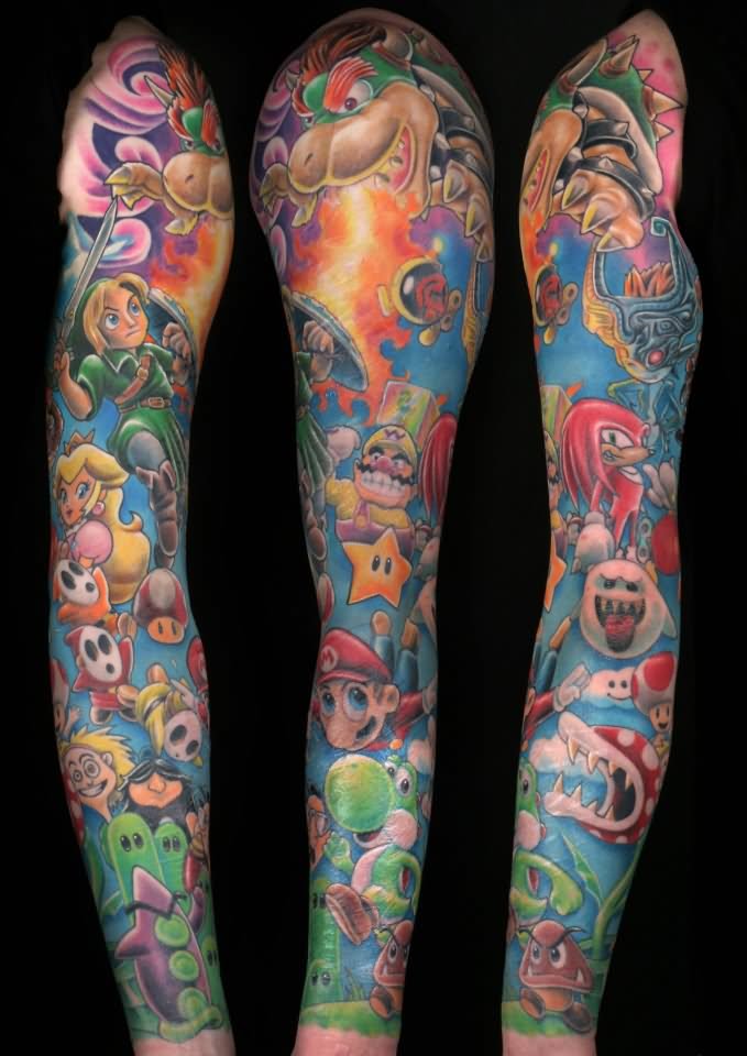 Color Ink Video Game Tattoo On Full Sleeve