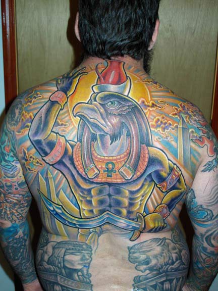 Colored Egyptian Horus Tattoo On Full Back