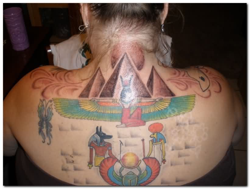 Colored Egyptian Tattoo On Upper BAck