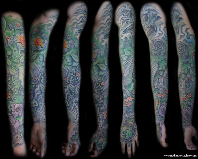 Colored Irish Tattoo On Full Sleeve