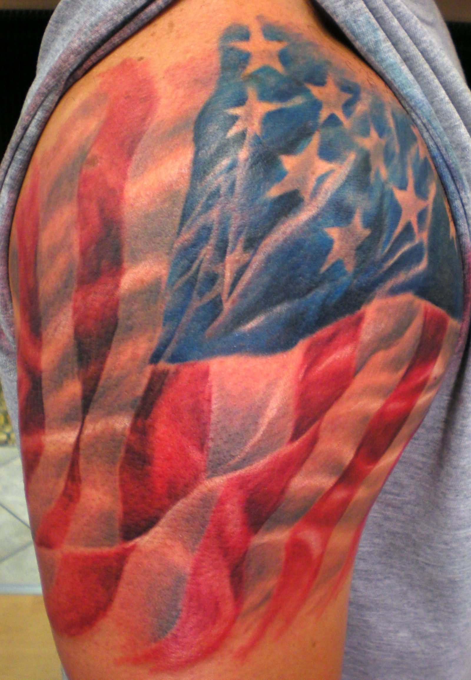 Colored US International Flag Tattoo On Half Sleeve