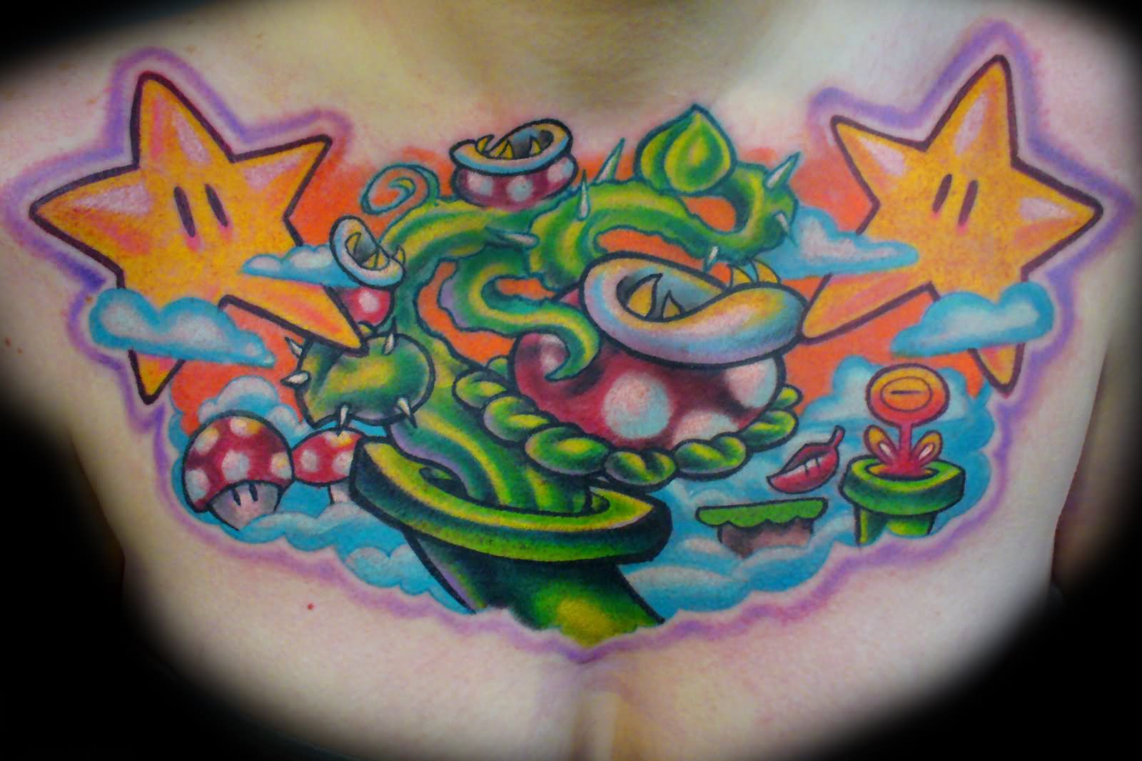 Colored Video Game Tattoo On Chest