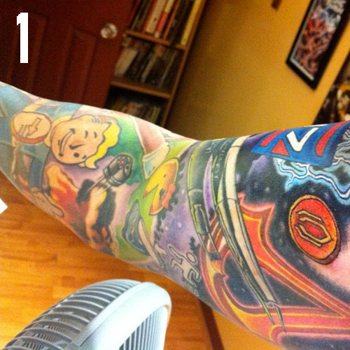Colored Video Game Tattoo On Full Sleeve