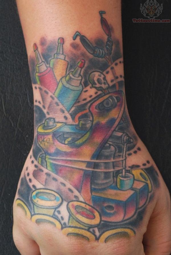 Colorful Cinema Tattoo On Right Hand