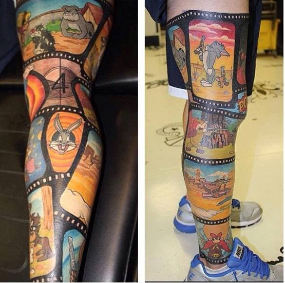 Colorful Cinema Tattoos On Leg Sleeve